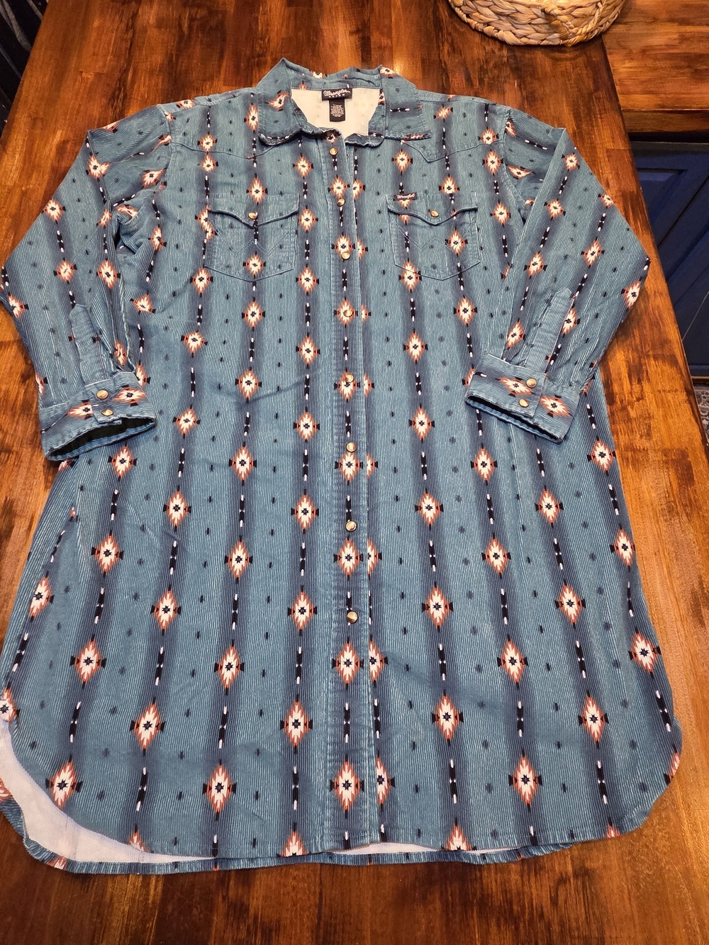 Wrangler Women's Retro Blue Teal Checotah Cord Dress Sz L Pearl Snap Western